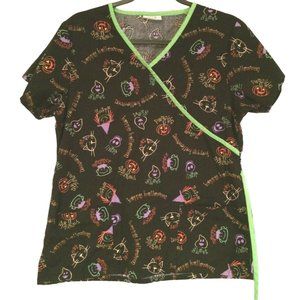 Halloween Scrub Witch Cat Pumpkin Monster Hat Black Life Brand Medical Top